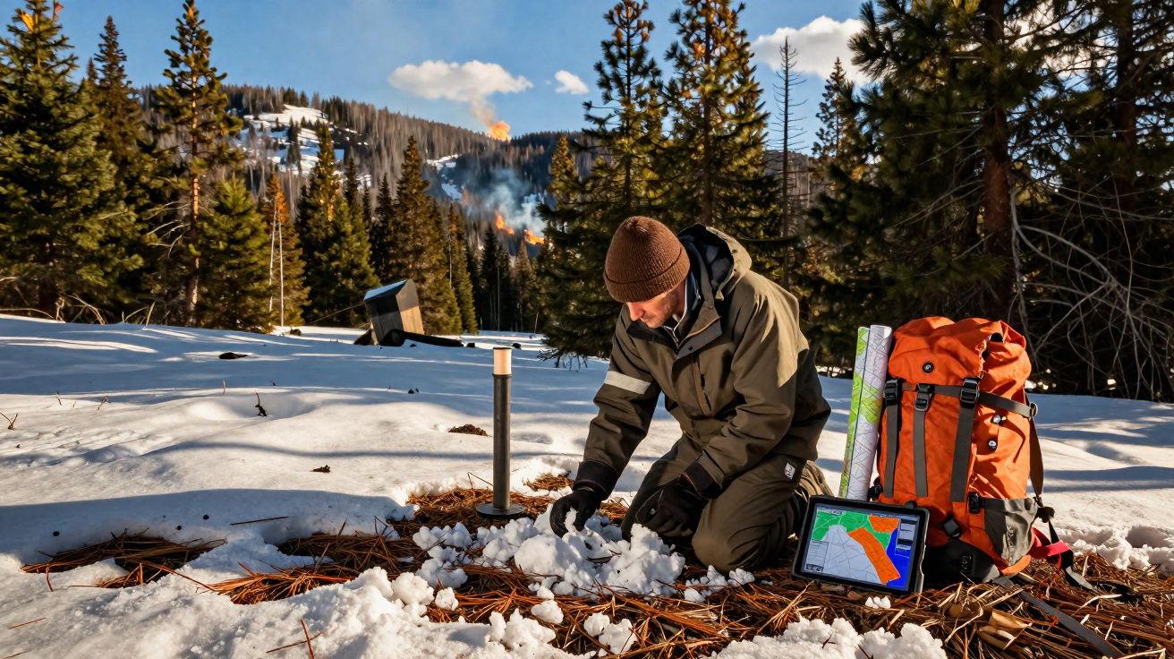 Pesquisador em roupa de frio coleta amostras de neve em floresta com mochila e tablet ao lado.