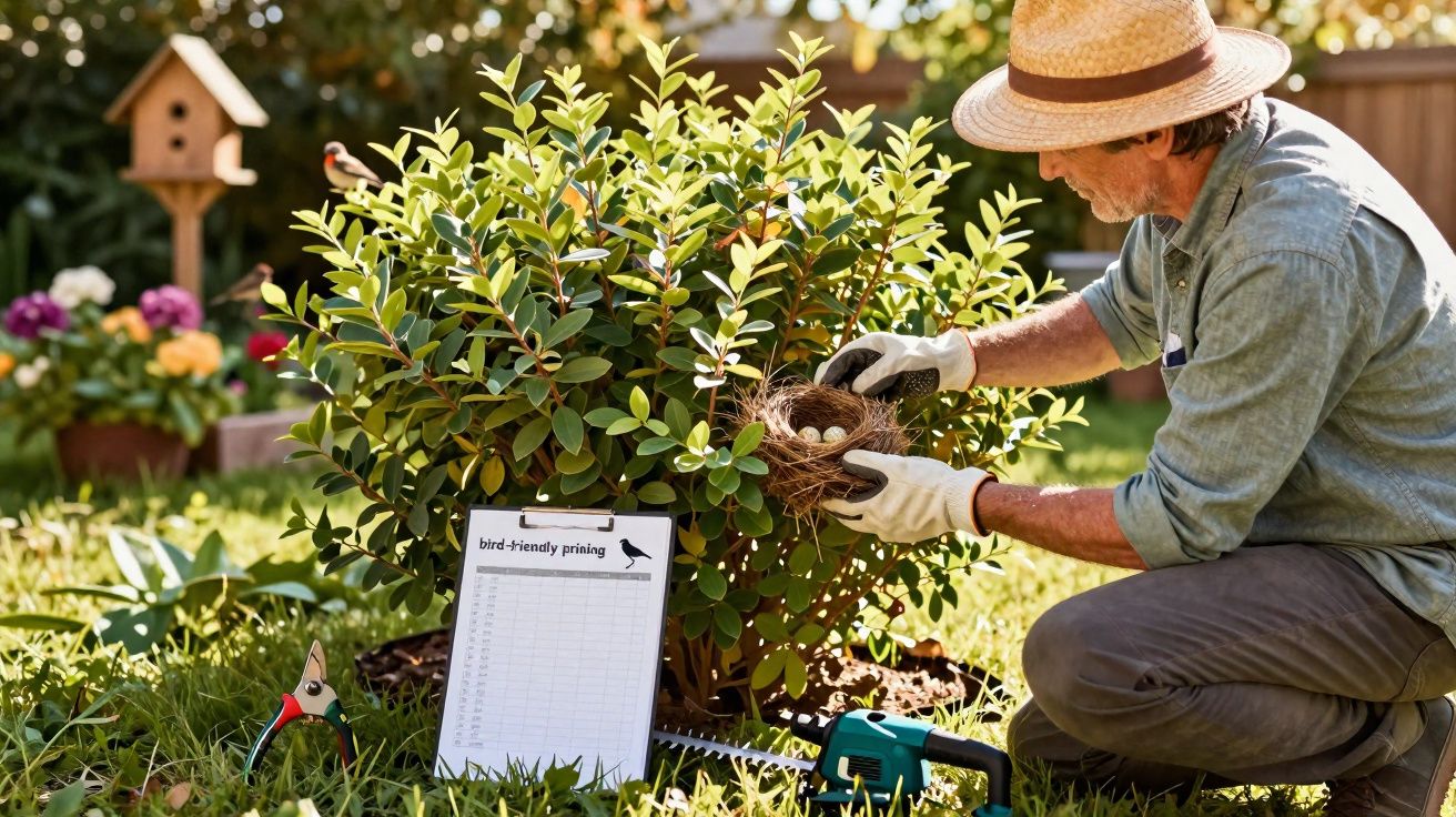 Homem com chapéu ajeitando ninho com ovos em arbusto no jardim durante o dia.