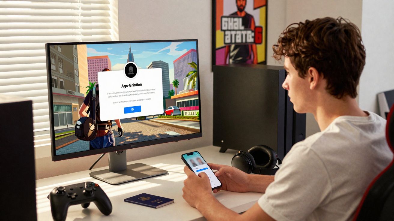 Jovem sentado em mesa interagindo com celular, monitor mostra jogo e controle está sobre a mesa.