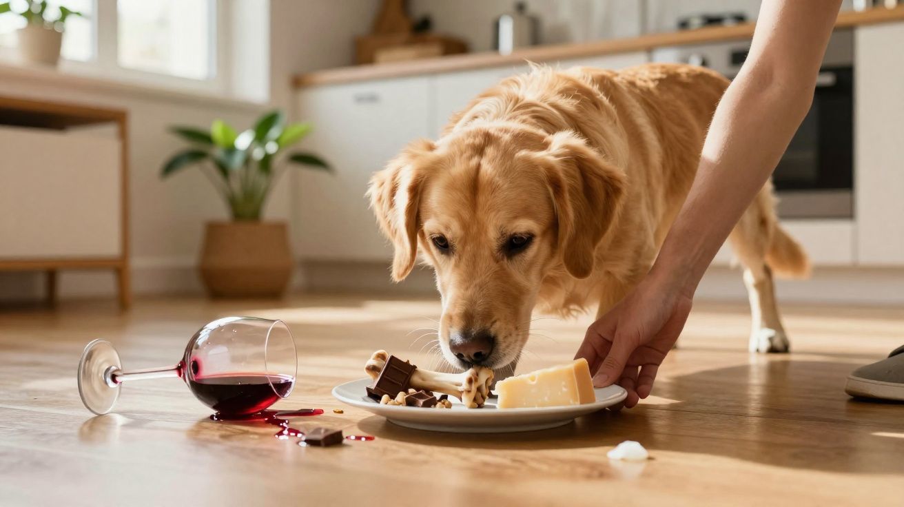 Cachorro dourado comendo alimentos proibidos enquanto taça de vinho tomba no chão da cozinha.