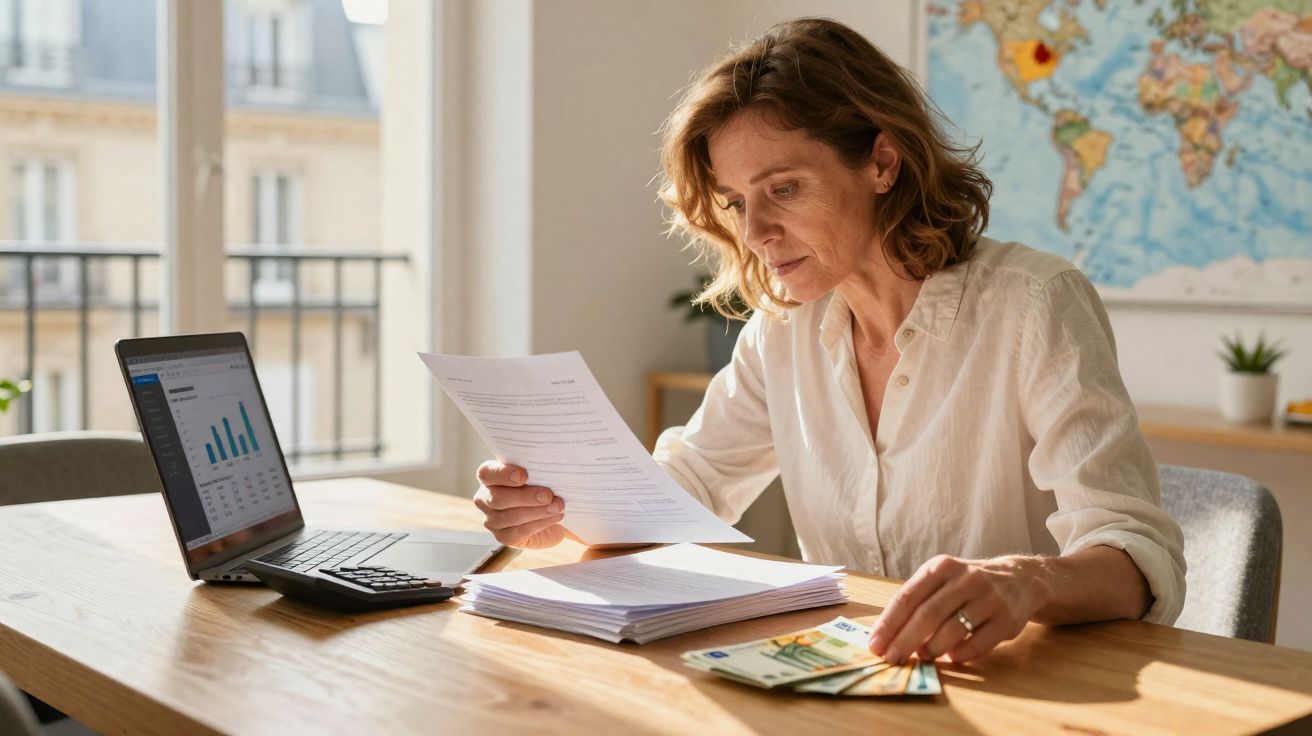 Mulher analisando documentos e dinheiro na mesa com laptop e calculadora, em ambiente claro e organizado.