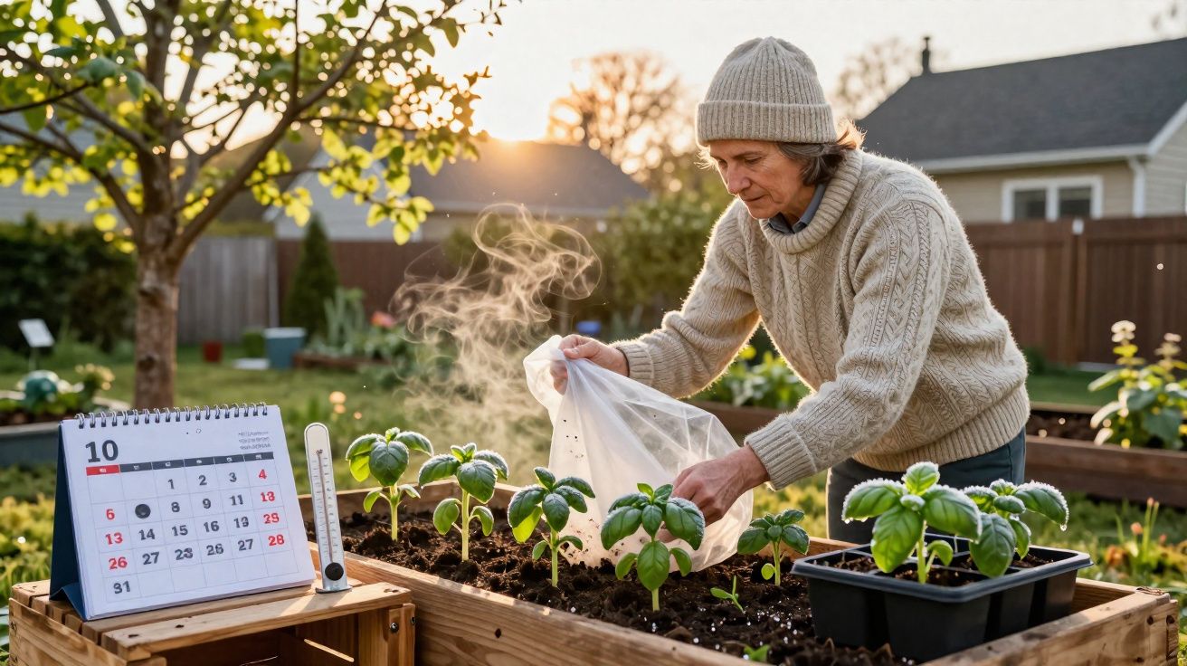 Mulher cobrindo plantas com manta térmica em jardim, ao pôr do sol, com calendário e termômetro ao lado.