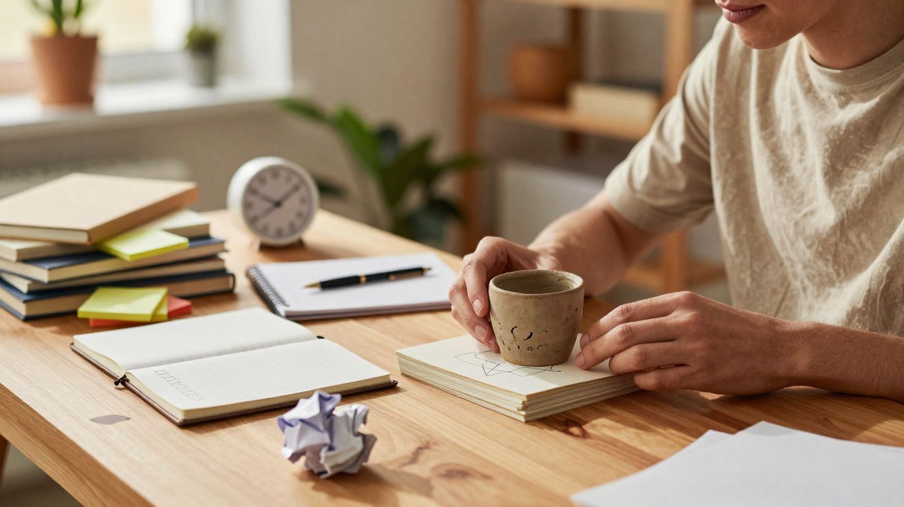 Pessoa segurando xícara em mesa com cadernos, bloco de notas, relógio, caneta e bola de papel amassado.
