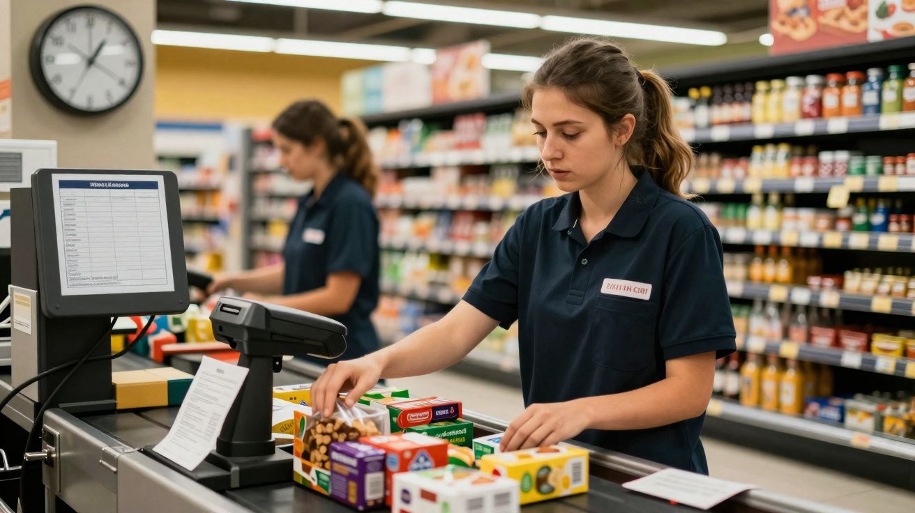 Mulher conferindo produtos na caixa registradora de supermercado com prateleiras ao fundo.
