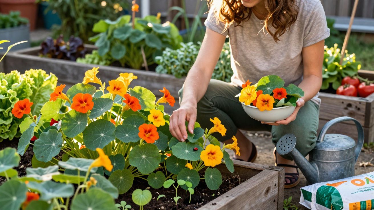 Mulher colhendo flores amarelas e laranja em jardim suspenso durante o dia.
