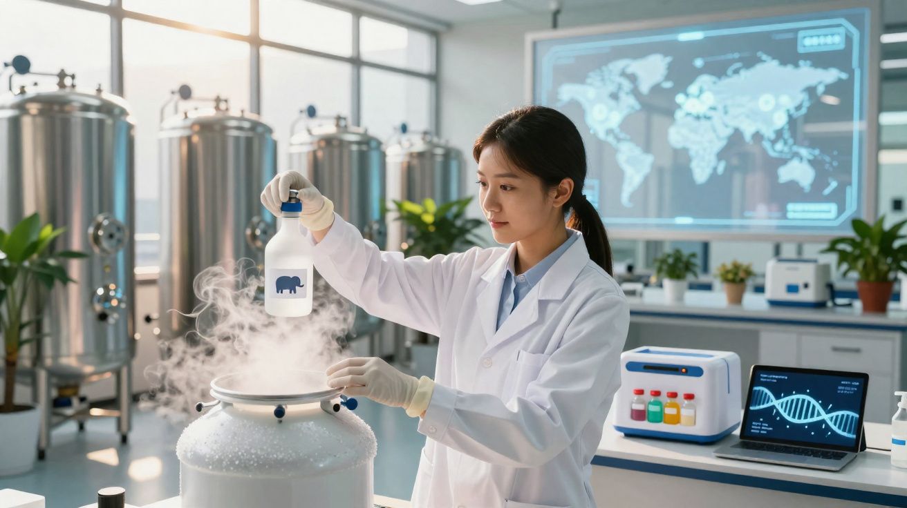 Mulher cientista manuseando recipiente com nitrogênio líquido em laboratório moderno de biotecnologia.
