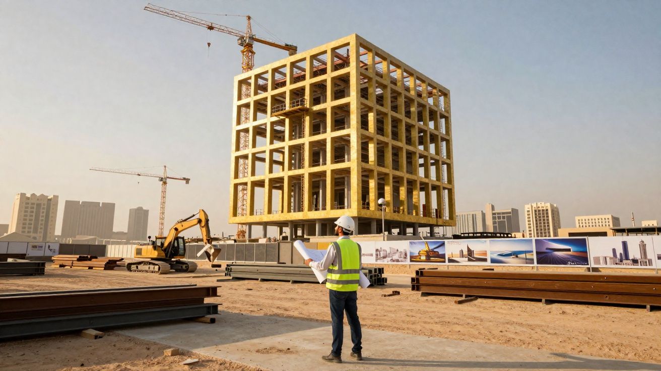 Engenheiro com capacete e colete observa obra de prédio em estrutura metálica no canteiro de obras.