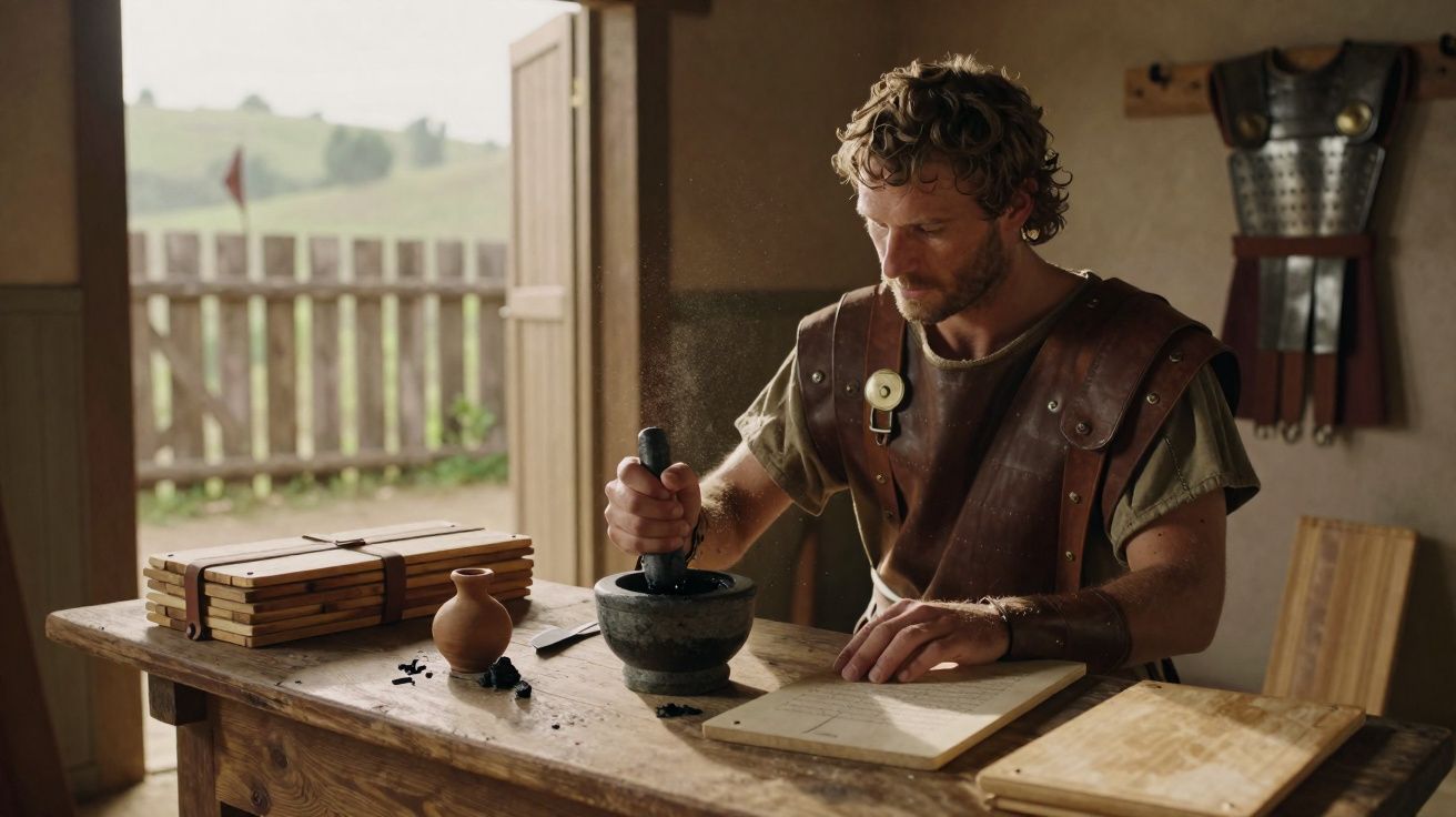 Homem vestido em trajes antigos usa pilão para moer algo sobre mesa de madeira em sala rústica.