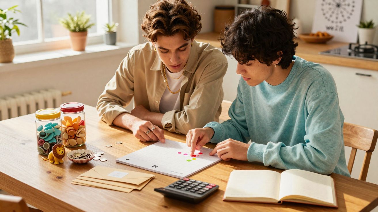 Duas pessoas sentadas à mesa planejando finanças com envelopes, calculadora e um caderno aberto.