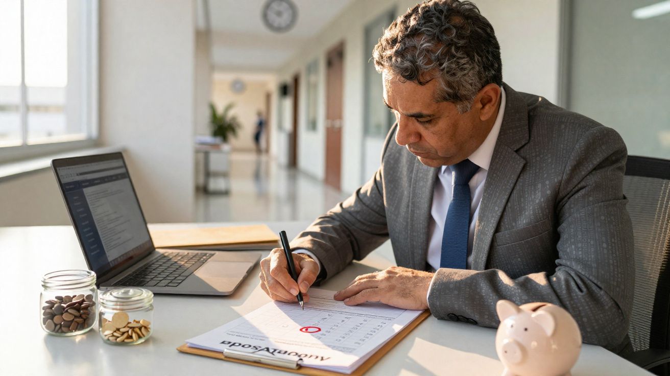 Homem de terno preenchendo formulário à mesa com laptop, cofrinho e potes de moedas em escritório.