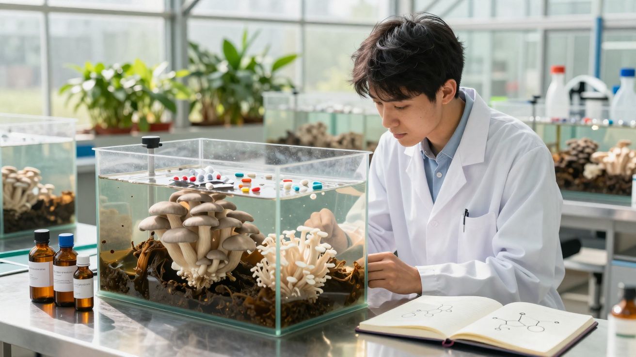Cientista em laboratório observando cogumelos em tanque de vidro, com frascos e caderno de anotações.