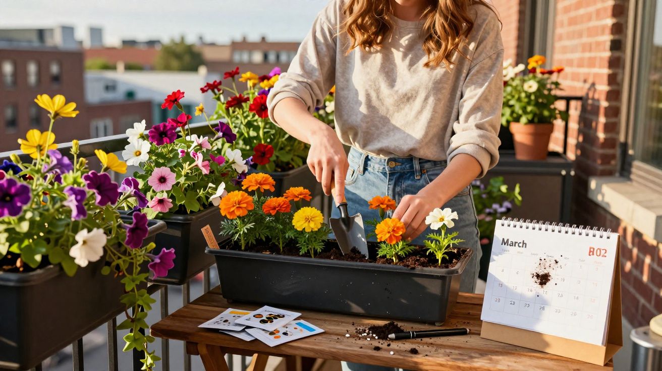 Mulher cuidando de flores coloridas em varanda com calendário aberto na mesa, dia de março.