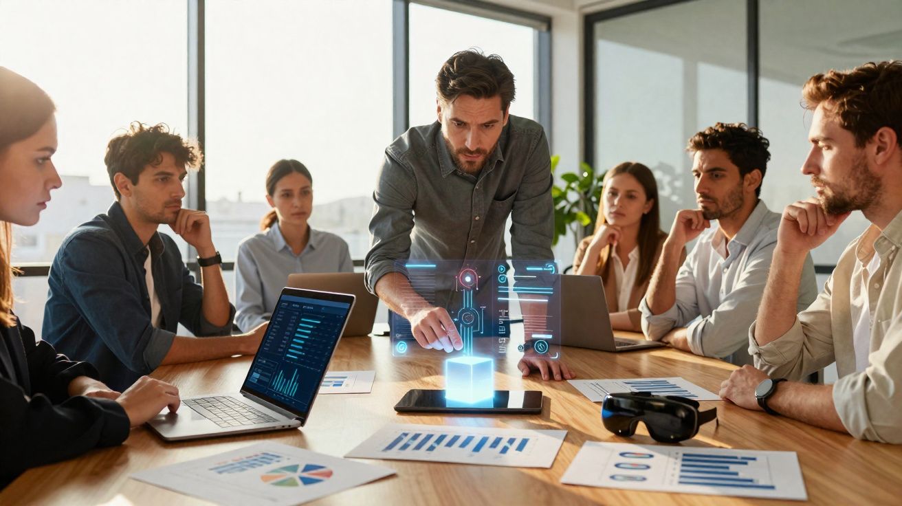 Equipe de negócios em reunião com holograma de tecnologia sobre mesa de trabalho.
