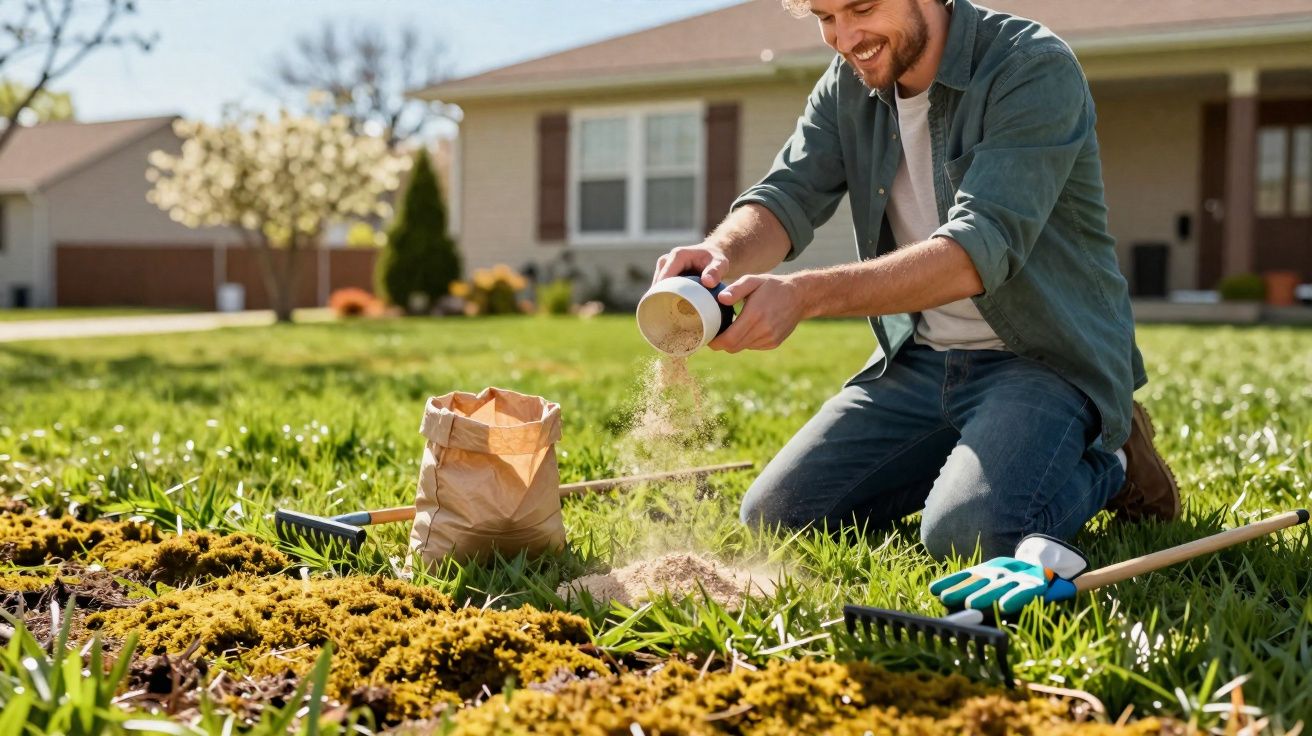 Homem sorridente aplicando fertilizante no jardim de casa em dia ensolarado.