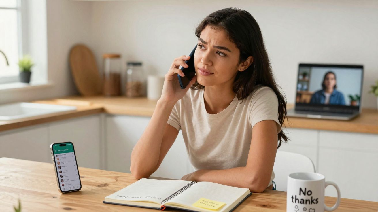 Mulher preocupada falando ao telefone enquanto trabalha com notebook e celular à mesa da cozinha.