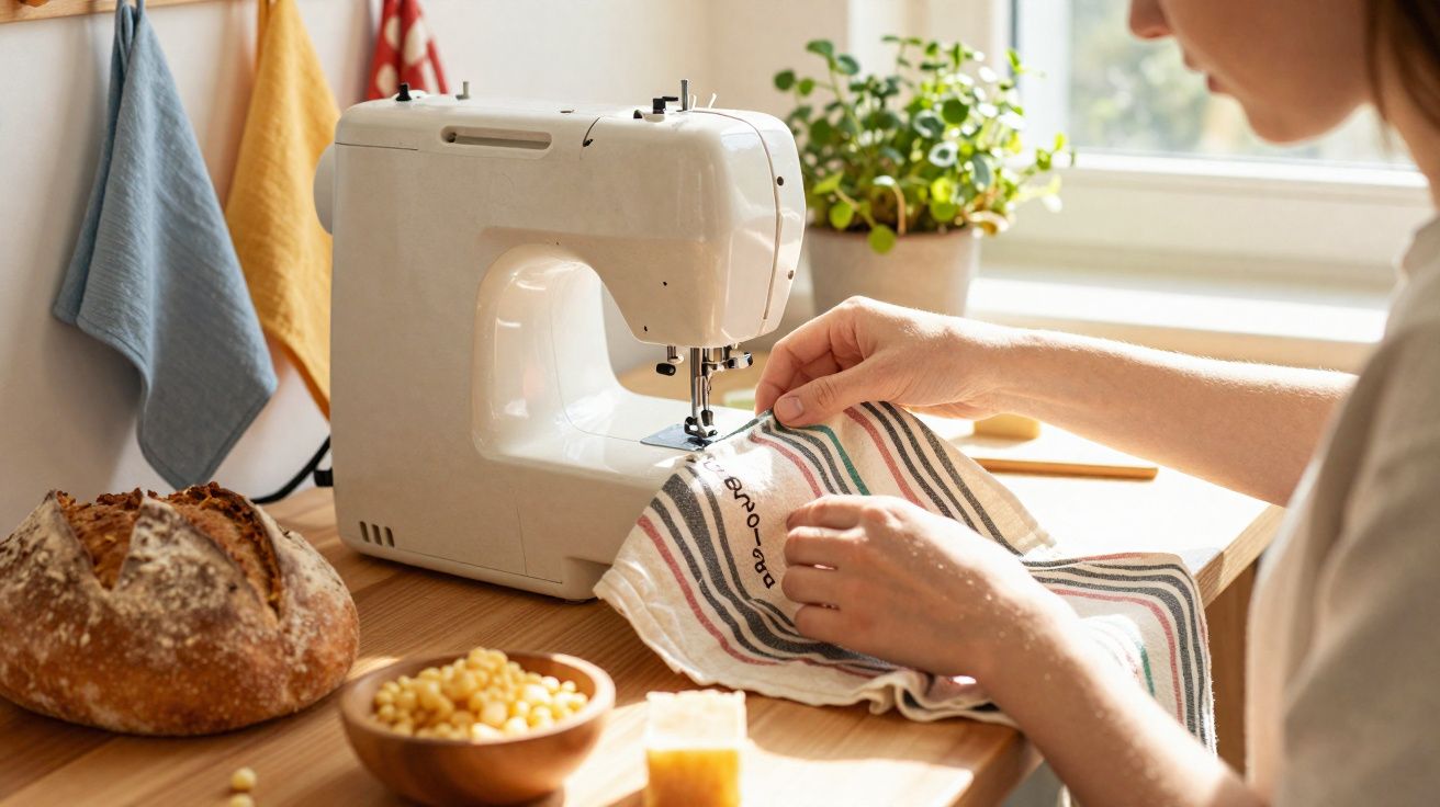 Pessoa costurando tecido listrado em máquina de costura branca sobre mesa de madeira na cozinha.