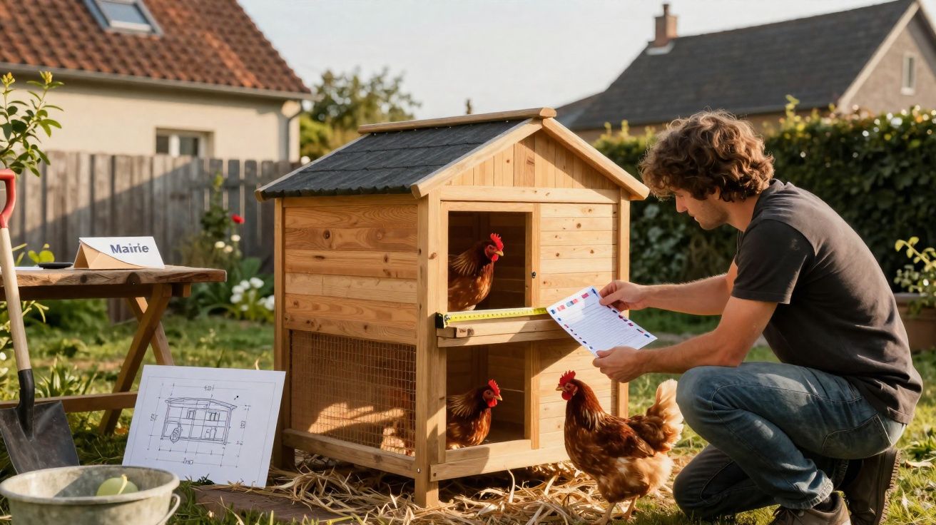Homem medindo e analisando uma planta diante de um galinheiro de madeira no jardim.