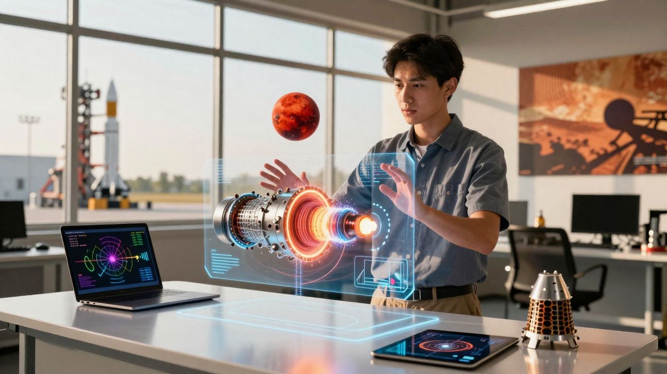 Homem interage com holograma tecnológico de motor e planeta em laboratório de tecnologia aeroespacial.