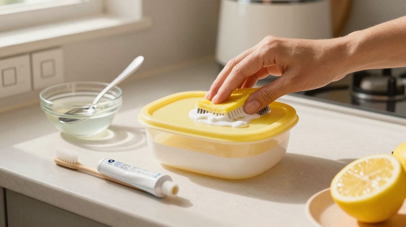 Mão limpando a tampa amarela de um recipiente com esponja, pasta de dente, escova e limão na bancada.