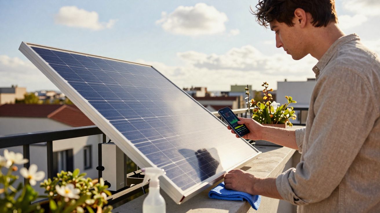Homem verifica painel solar na varanda usando smartphone em dia ensolarado com plantas ao redor.