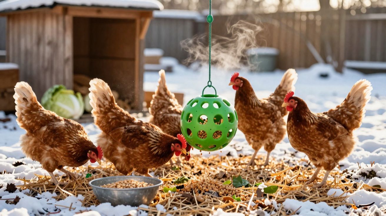 Galinhaes marrons ciscando comida no chão coberto de neve, com bebedouro verde fumegante ao centro.