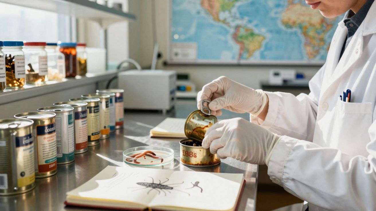 Pesquisador manuseia amostra de inseto em laboratório com ilustrações de animais e latas etiquetadas.