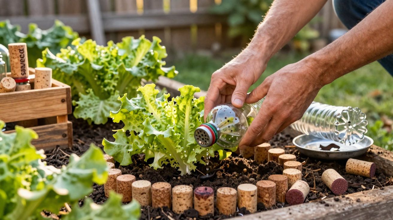 Pessoa regando alface em jardim com garrafa PET reutilizada e rolhas de vinho decorando a horta.