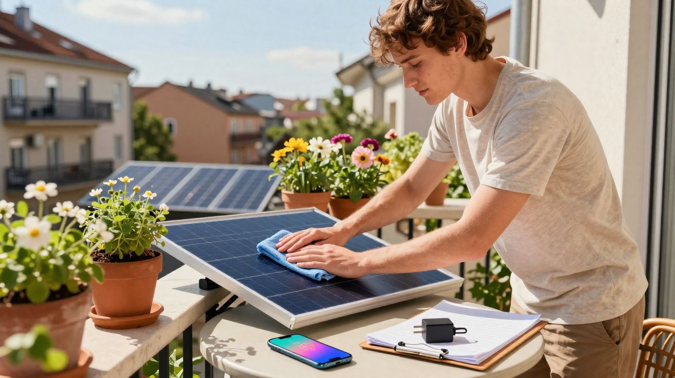 Jovem limpando painel solar em varanda com plantas, mesa, celular e caderno ao lado.