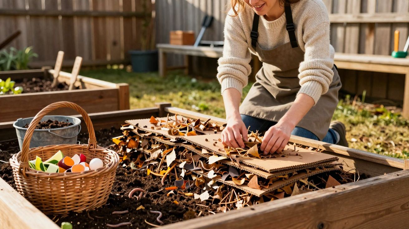 Pessoa preparando cama de jardim com folhas secas, papelão e terra em canteiro de madeira.