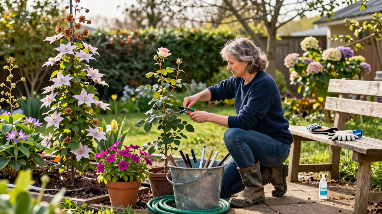 Mulher cuidando de flores em jardim ensolarado com ferramentas e banco de madeira ao fundo.
