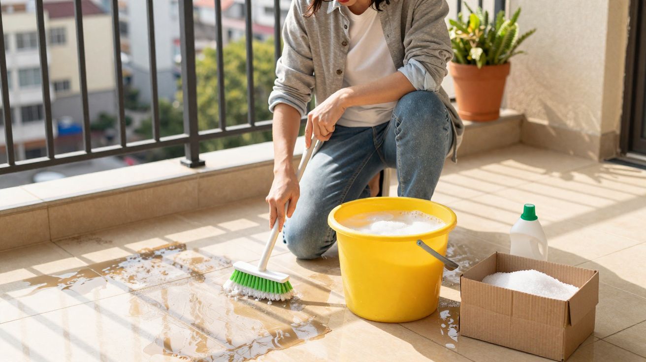 Pessoa limpando varanda ensolarada com escova, balde amarelo com espuma e produtos de limpeza ao lado.