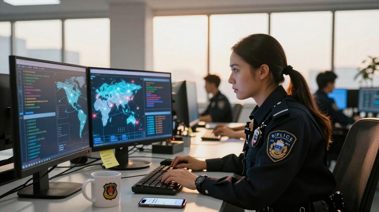 Policial feminina em uniforme trabalha em estação com dois monitores exibindo mapas e dados digitais.