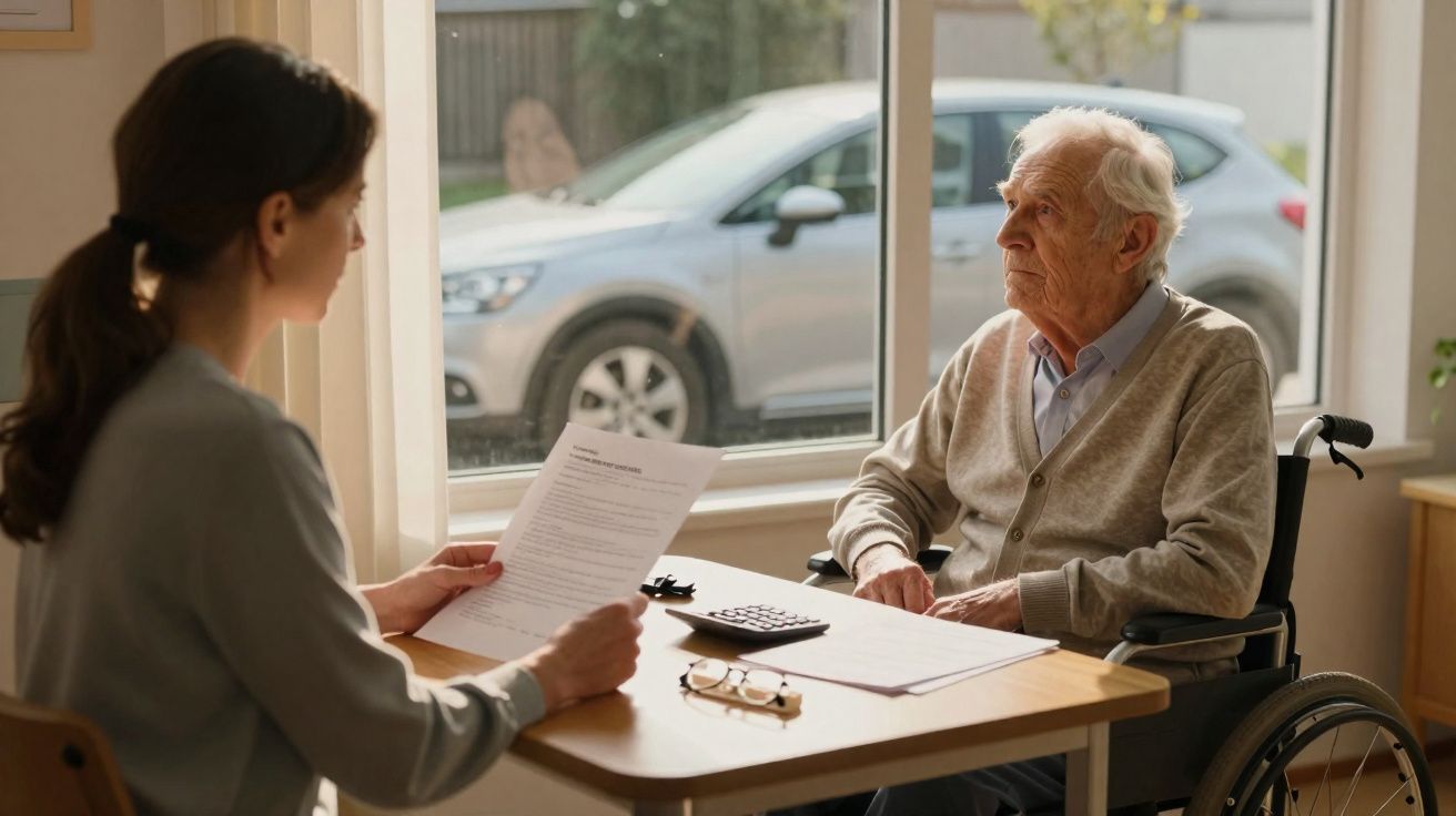 Mulher lendo documento para idoso em cadeira de rodas sentado em mesa com óculos e calculadora.