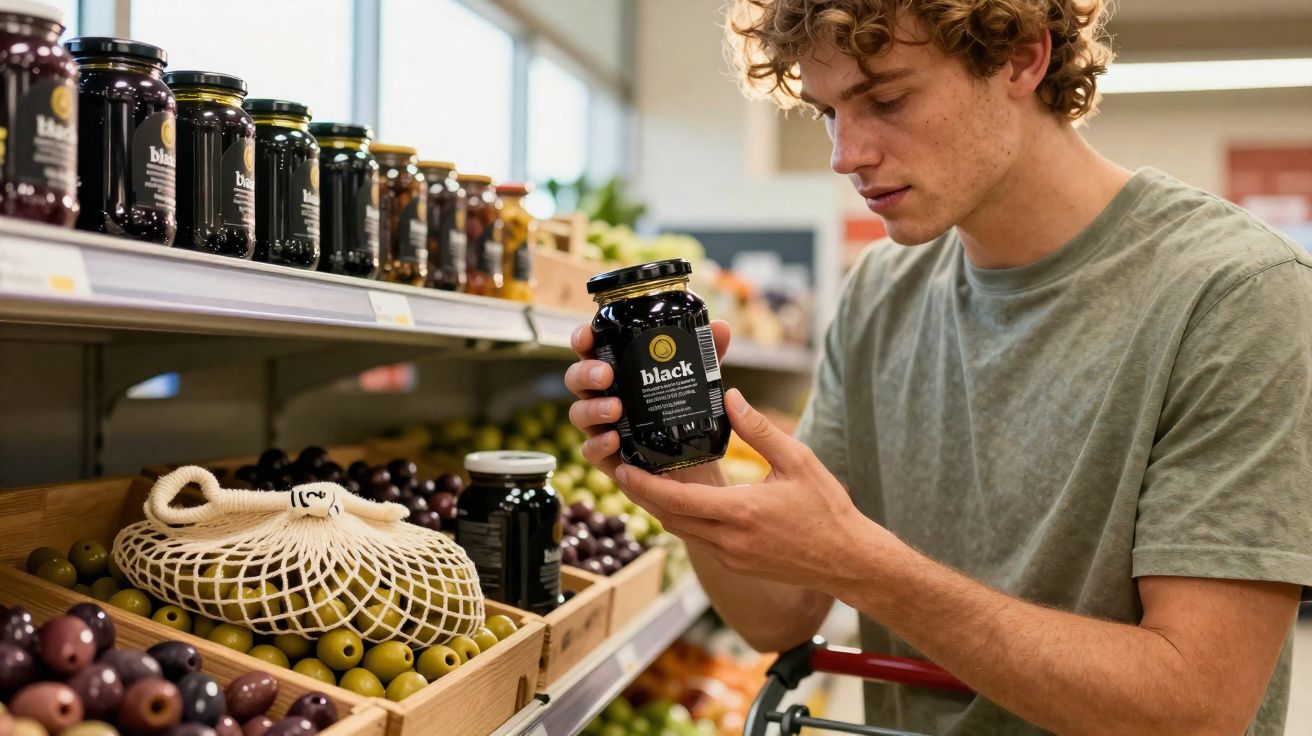 Jovem observa pote de azeitonas pretas em mercado com carrinho de compras ao lado.