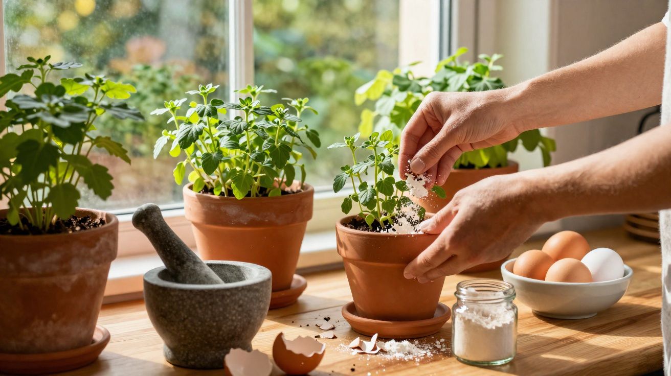 Pessoa adiciona cascas de ovo trituradas em vaso com planta perto da janela ensolarada.