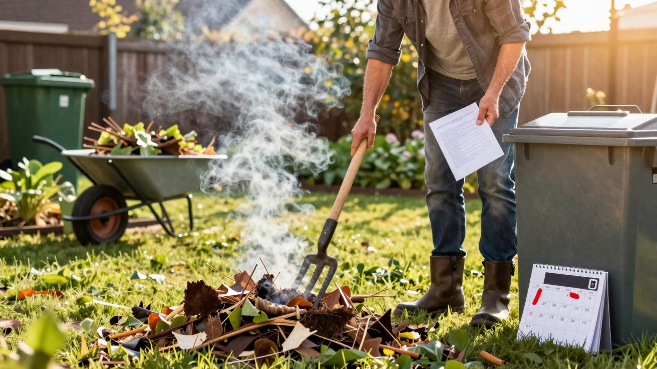 Pessoa queimando folhas secas no jardim com ferramenta de jardinagem e calendário ao chão.