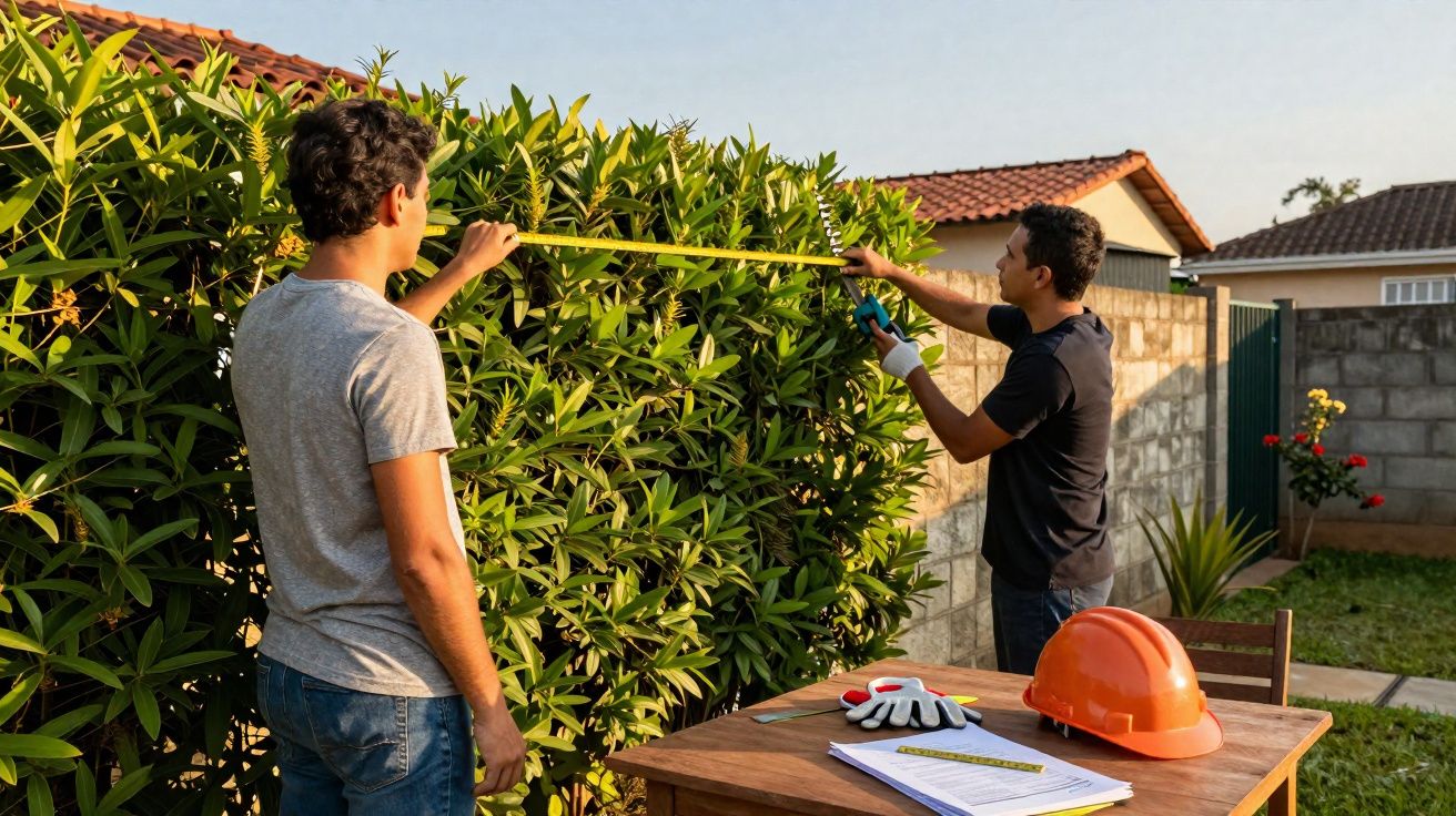 Dois homens medindo um arbusto em jardim com mesa, luvas e capacete de segurança.