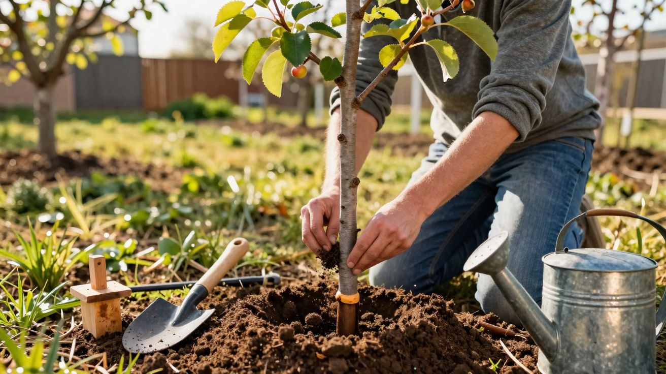 Pessoa plantando árvore jovem em solo arado ao ar livre em dia ensolarado.
