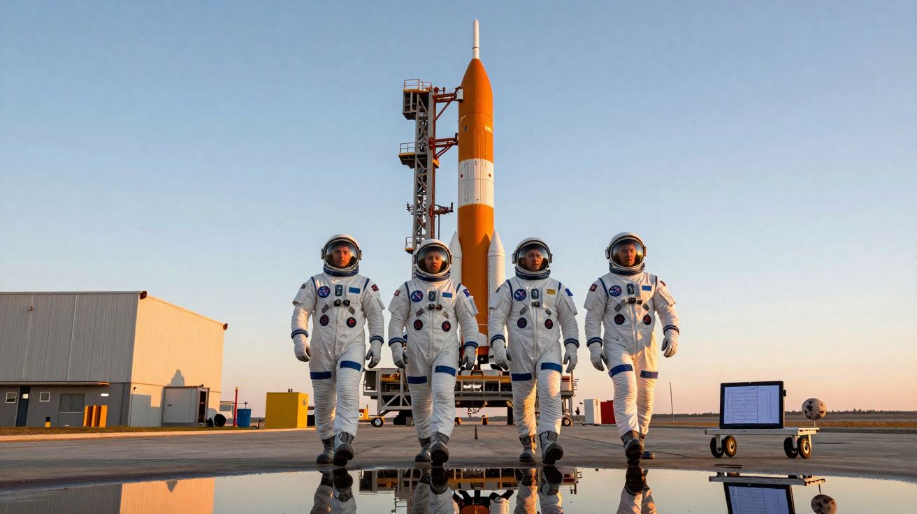 Quatro astronautas caminhando com foguete ao fundo em plataforma espacial ao pôr do sol.