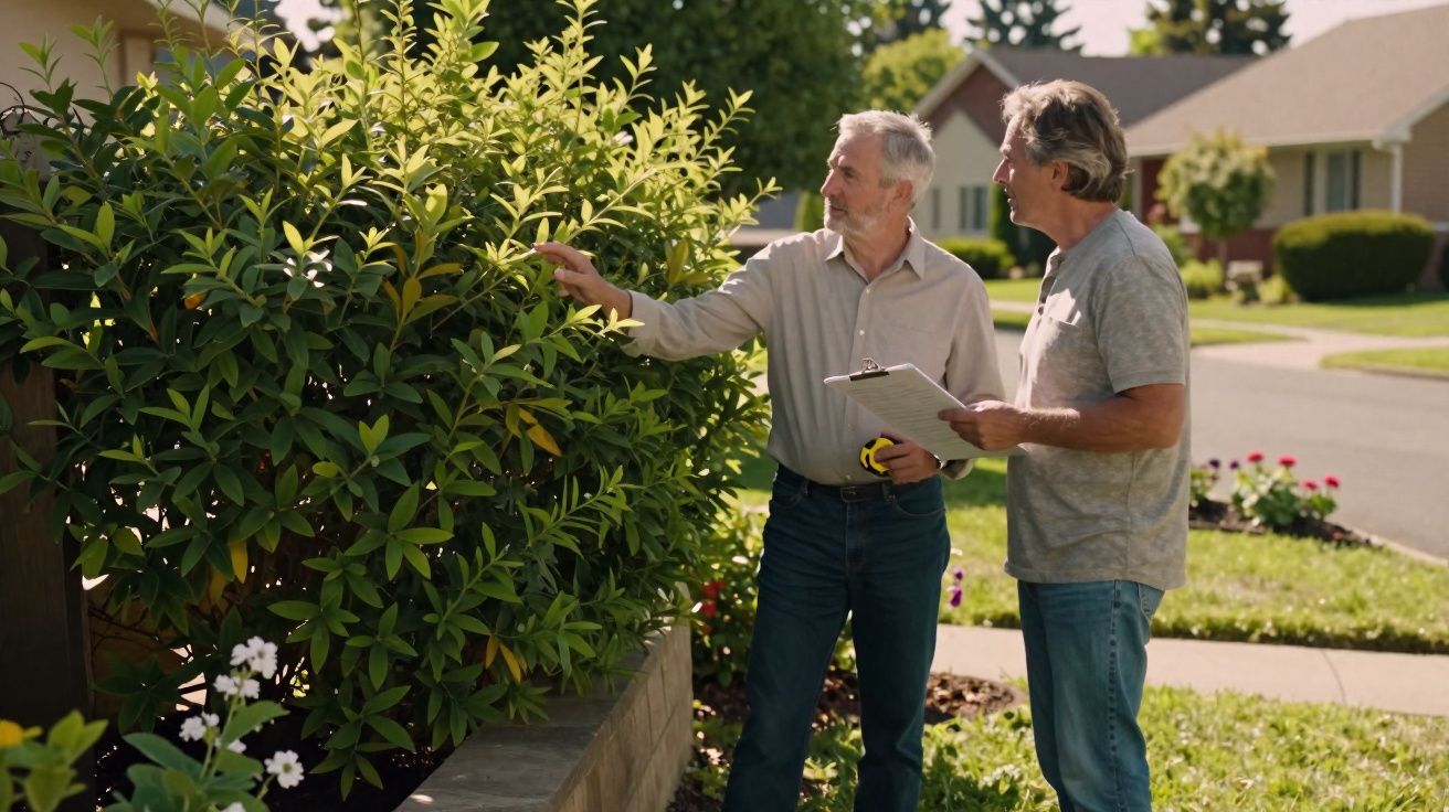 Dois homens observam arbustos verdes em um jardim residencial ensolarado.