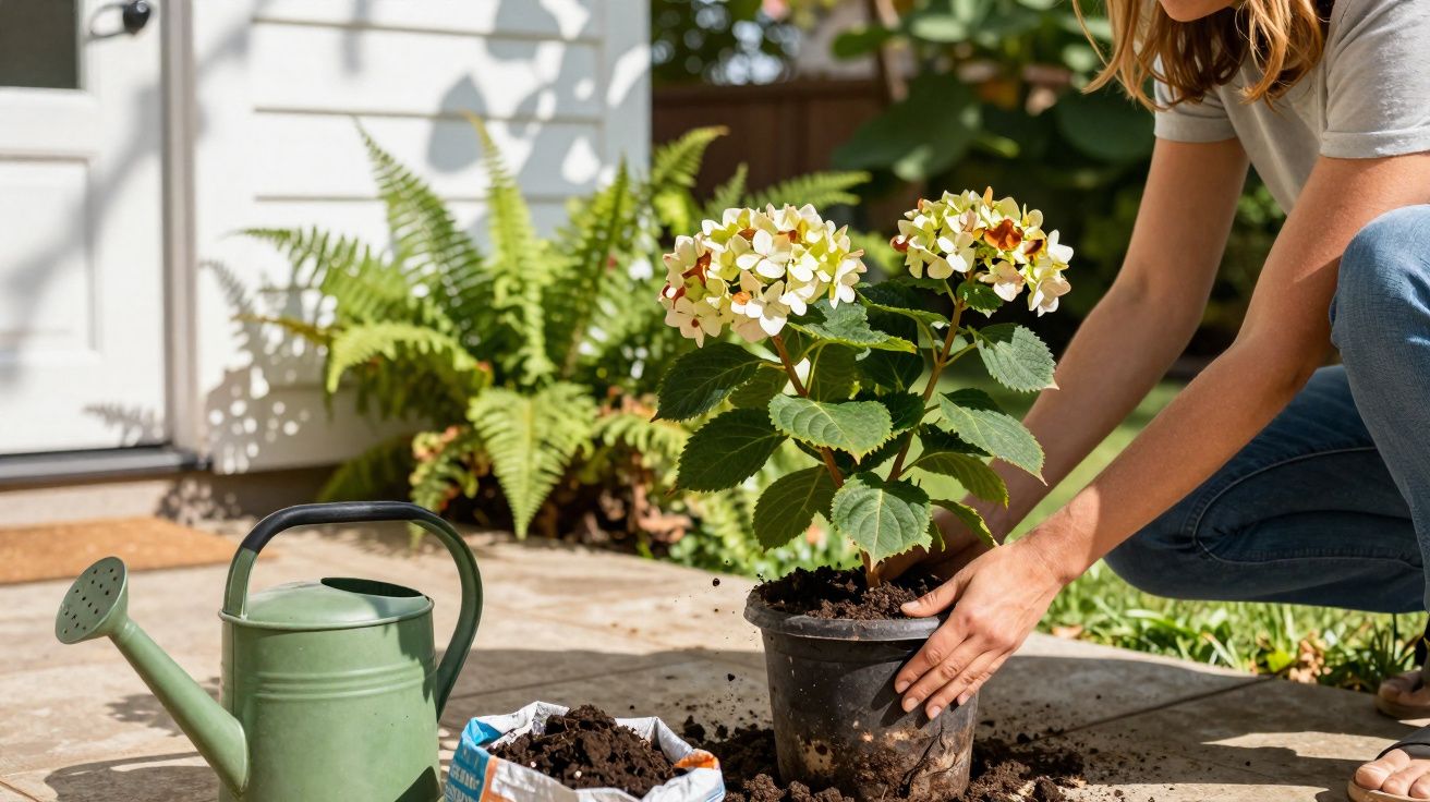Pessoa plantando hortênsia em vaso no chão com regador e saco de terra ao lado.