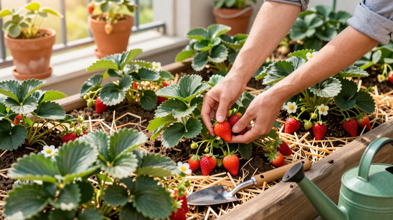 Pessoa colhendo morangos em jardim suspenso com regador e pá de jardinagem ao lado.