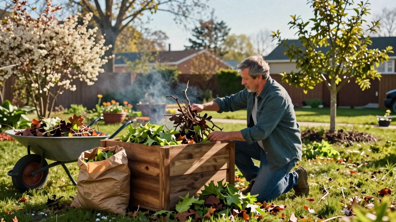 Homem recolhendo folhas para compostagem em jardim residencial ensolarado na primavera.