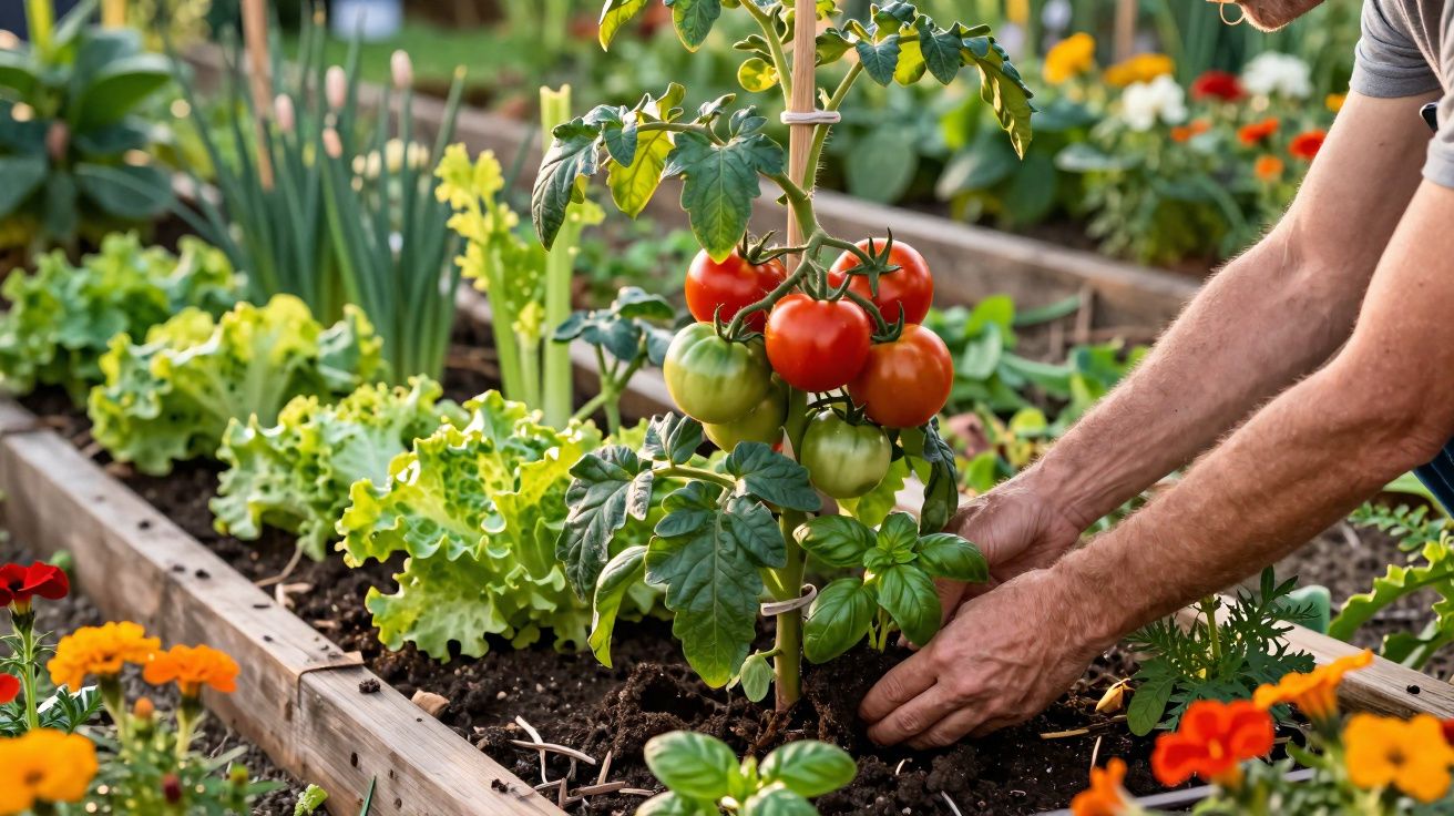 Mãos cuidando de tomateira com tomates verdes e vermelhos em canteiro de horta com verduras e flores.