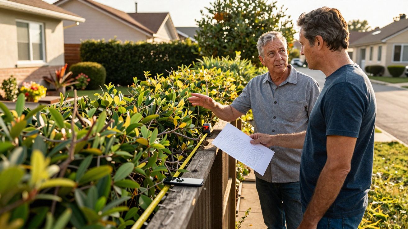 Dois homens medindo e discutindo o jardim na cerca de uma casa residencial em bairro ensolarado.