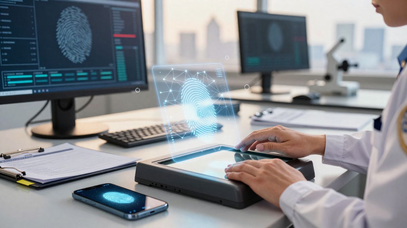 Pessoa usando scanner biométrico de digitais em mesa com computador e celular exibindo digitais digitais.