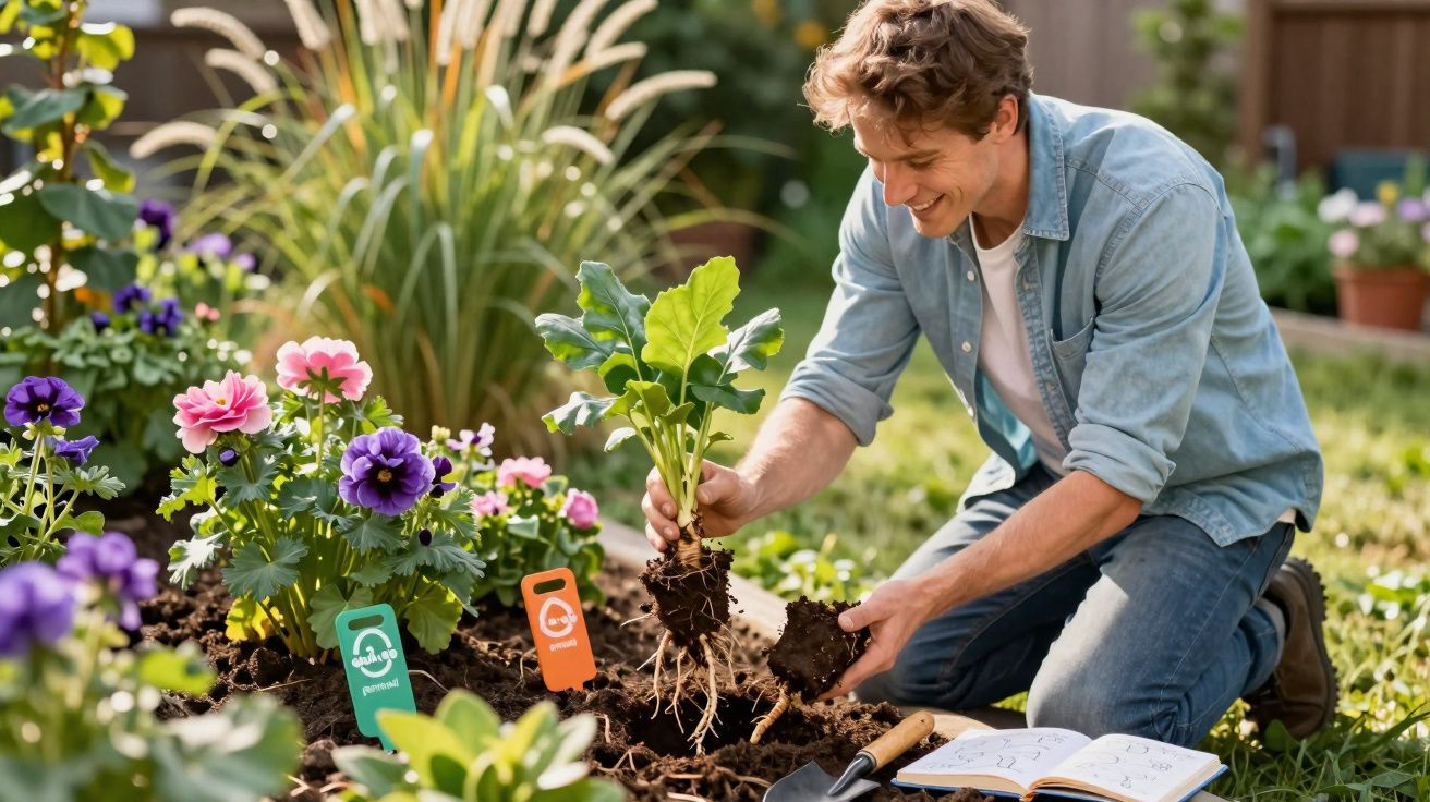 Homem sorridente plantando muda em jardim florido com ferramentas e caderno ao lado.