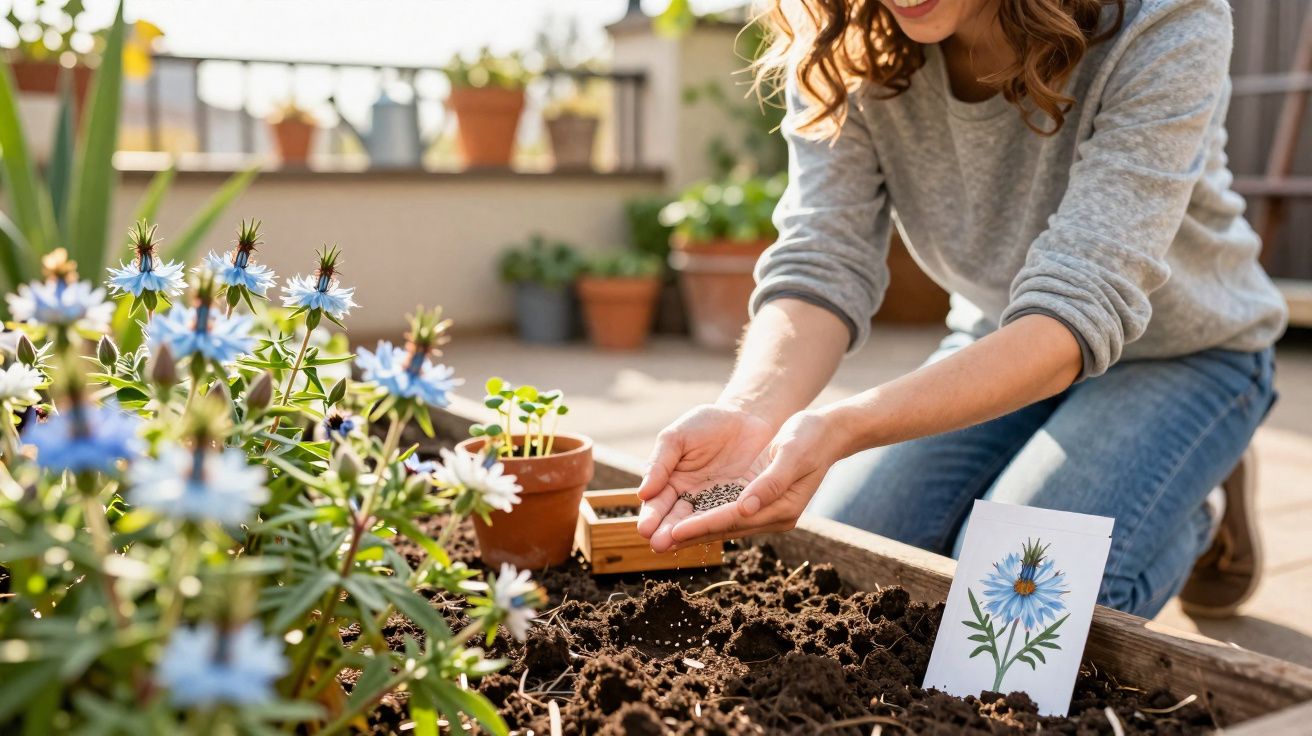 Pessoa sem rosto plantando sementes em canteiro com flores azuis ao sol.