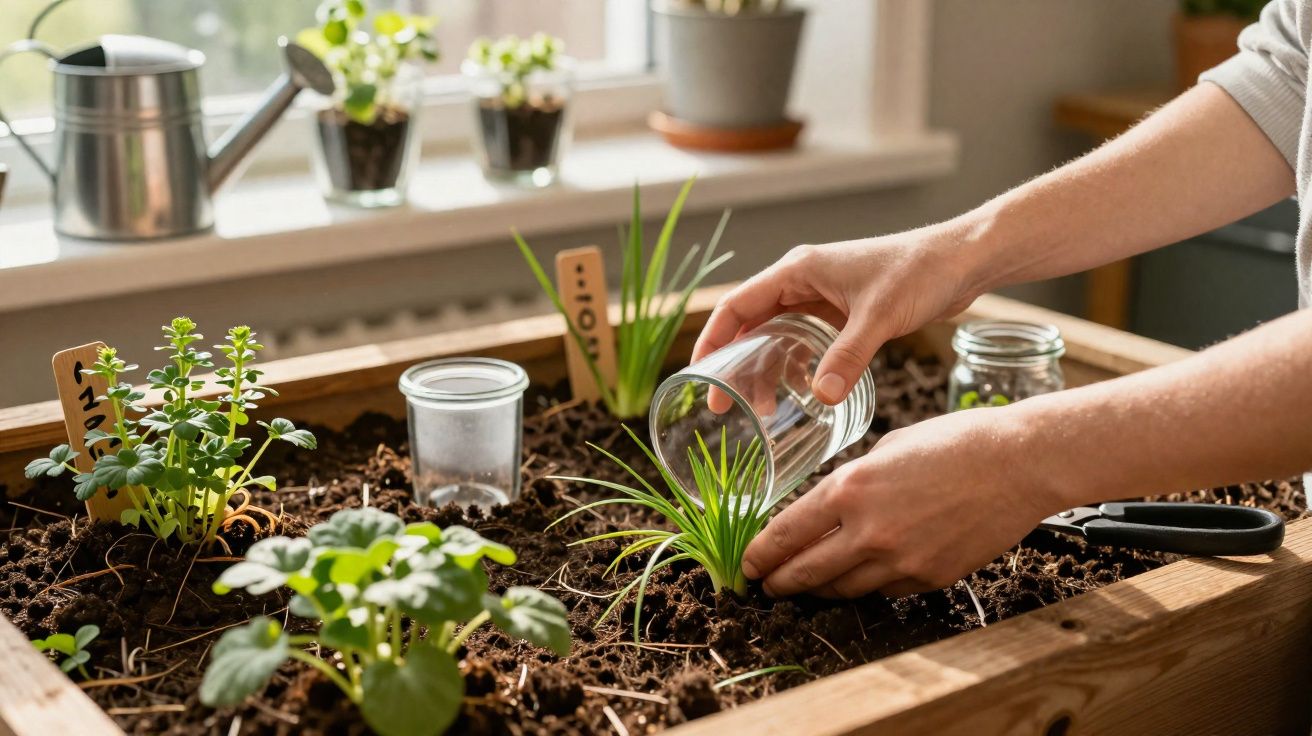 Pessoa transplantando muda em vaso com plantas e ferramentas de jardinagem ao fundo.