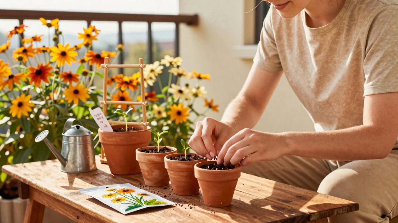 Pessoa plantando sementes em vasos de barro sobre mesa de madeira com flores amarelas ao fundo.